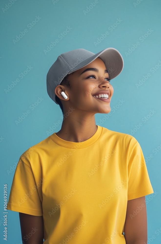 A woman wearing a yellow shirt and a hat is smiling A woman wearing a yellow shirt and a hat is smiling
