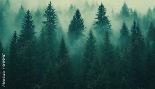 Fog envelops a dense forest from above, creating a mystical atmosphere at dawn