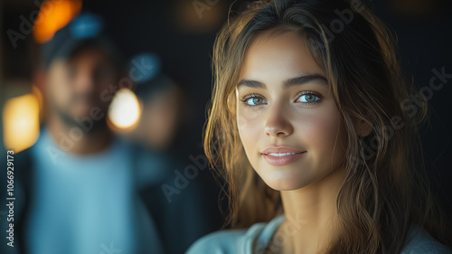 A woman with long brown hair and blue eyes is smiling at the camera. She is wearing a white shirt and a black hat