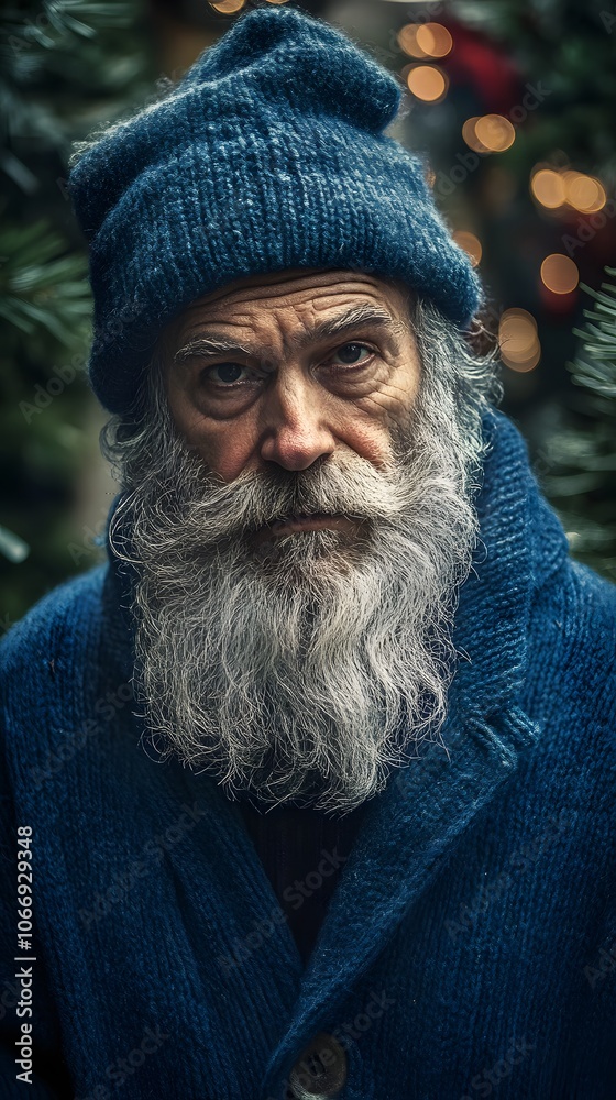 Older Caucasian man with a long beard, wearing a blue hat and coat, looking contemplative.