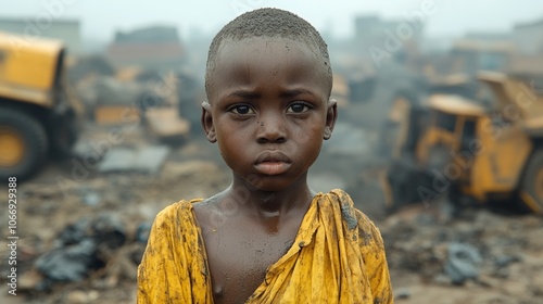 Young african child miner covered in dirt stares into the future in a mining site