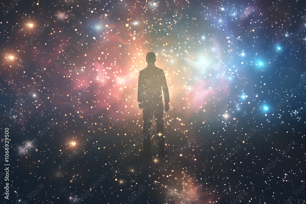 Silhouette of a figure standing amidst a vibrant cosmic backdrop filled with stars and colorful nebulae, evoking a sense of wonder. Silhouette of a figure standing amidst a vibrant cosmic backdrop filled with stars and colorful nebulae, evoking a sense of wonder.