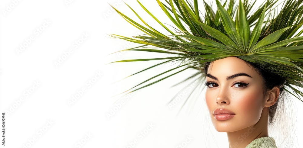 Naklejka premium A beautiful woman with palm leaves in her hair poses for the camera on a white background.