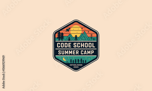 Code school summer camp logo with nature and sunset theme