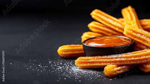 Delicious churros served with chocolate sauce on a dark background.