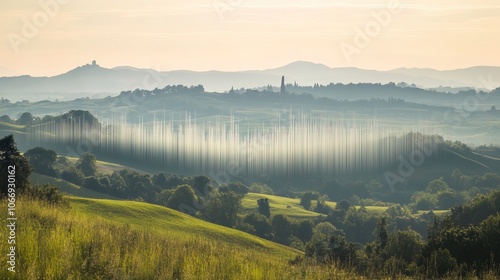 Ethereal Sound Waves Embrace Serene Landscape at Sunset photo