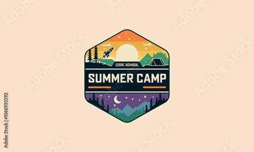 Code school summer camp logo with nature and sunset theme