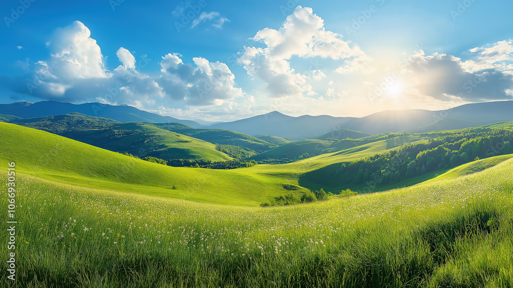 Panoramic view of Romania's countryside in spring, with sunny skies and green rolling hills Panoramic view of Romania's countryside in spring, with sunny skies and green rolling hills