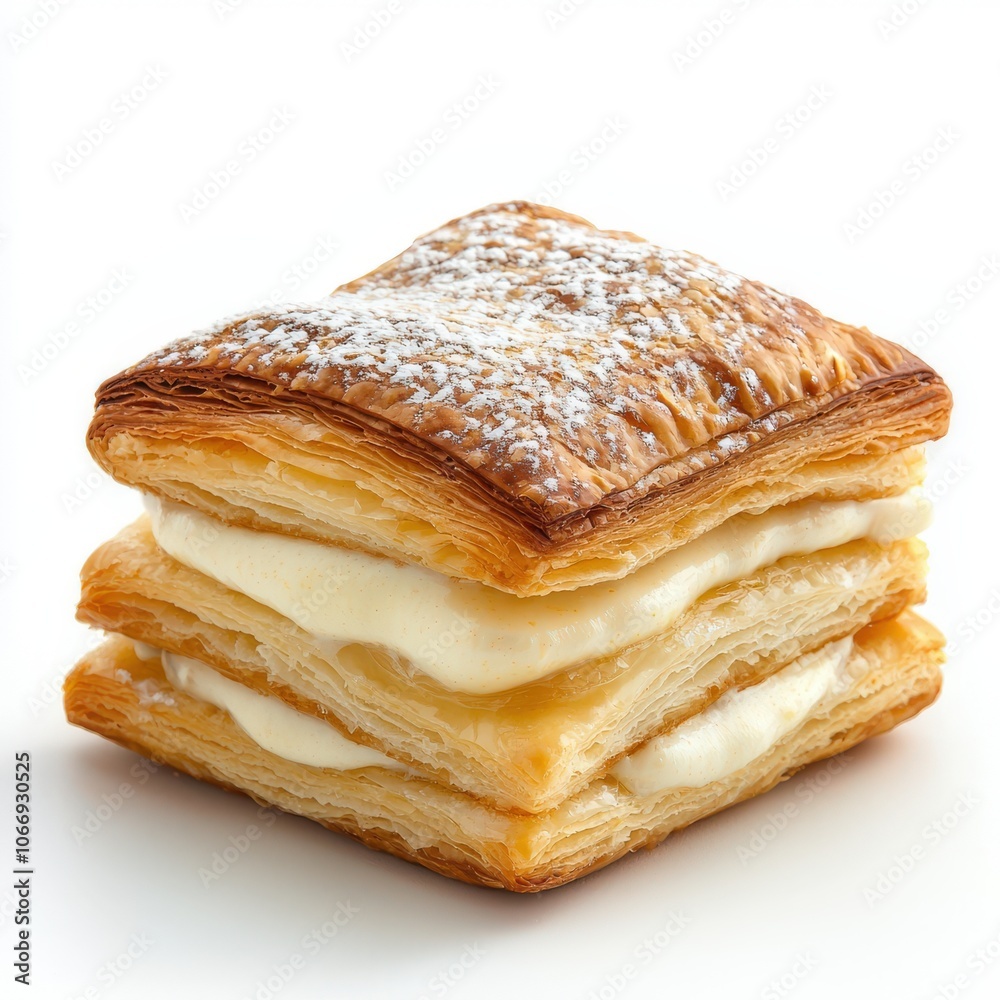 Delicious pastry layered with creamy filling, dusted with powdered sugar on a white isolated background. Delicious pastry layered with creamy filling, dusted with powdered sugar on a white isolated background.