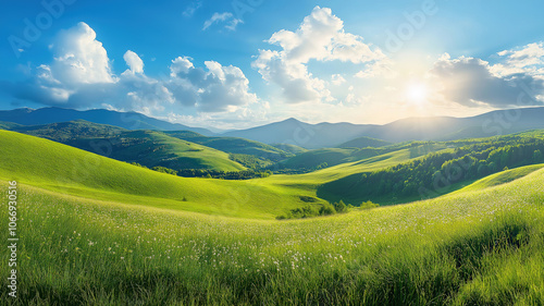 Panoramic view of Romania's countryside in spring, with sunny skies and green rolling hills