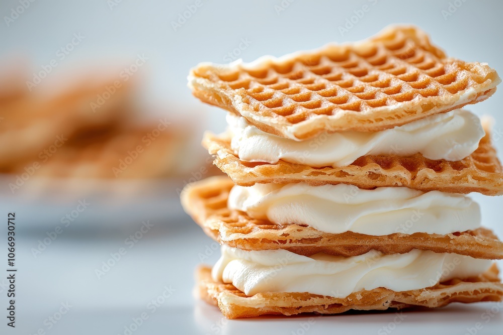 Delicious stack of crispy wafers filled with creamy filling, set against a bright, clean background. Delicious stack of crispy wafers filled with creamy filling, set against a bright, clean background.