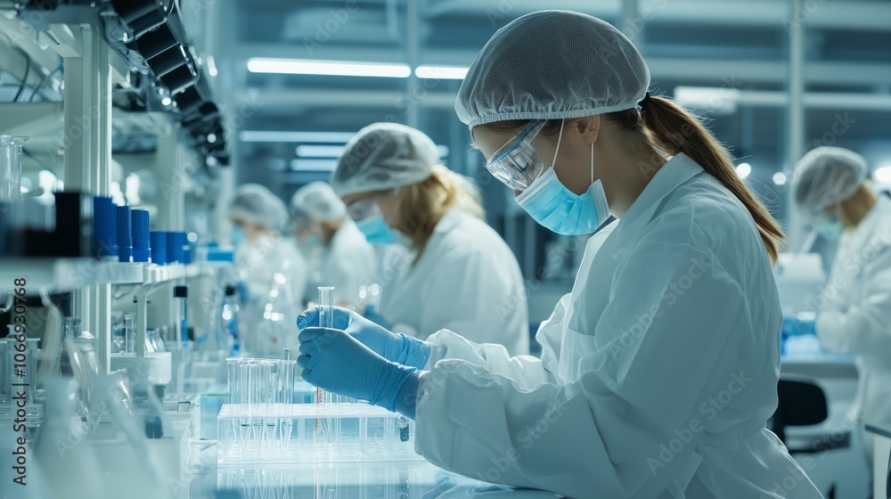 Experiment, science and group of people in laboratory for work on breakthrough, cure or development. Innovation, investigation and research with scientist team in clinical trial for medicine Experiment, science and group of people in laboratory for work on breakthrough, cure or development. Innovation, investigation and research with scientist team in clinical trial for medicine