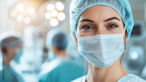 Female surgeon wearing surgical mask in operating room with surgical lights