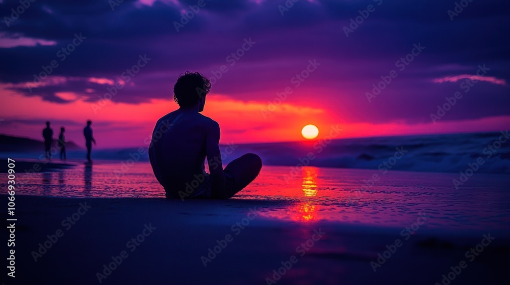 Silhouette of a Man Sitting on a Beach at Sunset Silhouette of a Man Sitting on a Beach at Sunset