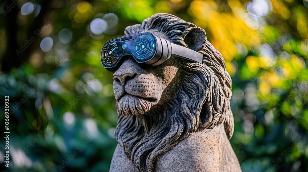 Obraz premium Vibrant Green Background: A Striking Stone Lion Sculpture with Augmented Reality Glasses - Perfect for Sporty Interiors as a Stunning Poster!