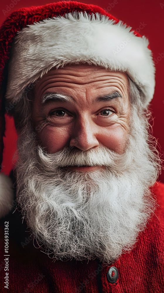 Jolly Santa Claus smiling warmly against a festive red background. Jolly Santa Claus smiling warmly against a festive red background.