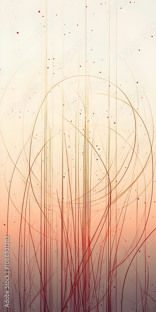 An artistic abstract portrayal of delicate, wispy lines in warm hues of red and orange, creating an ethereal and dreamy atmosphere against a soft, pastel background.