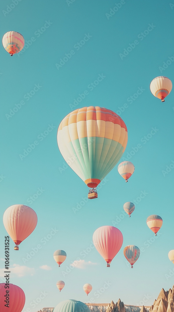 Fototapeta premium Colourful Hot Air Balloons in the Sky Flying Over Some Mountains