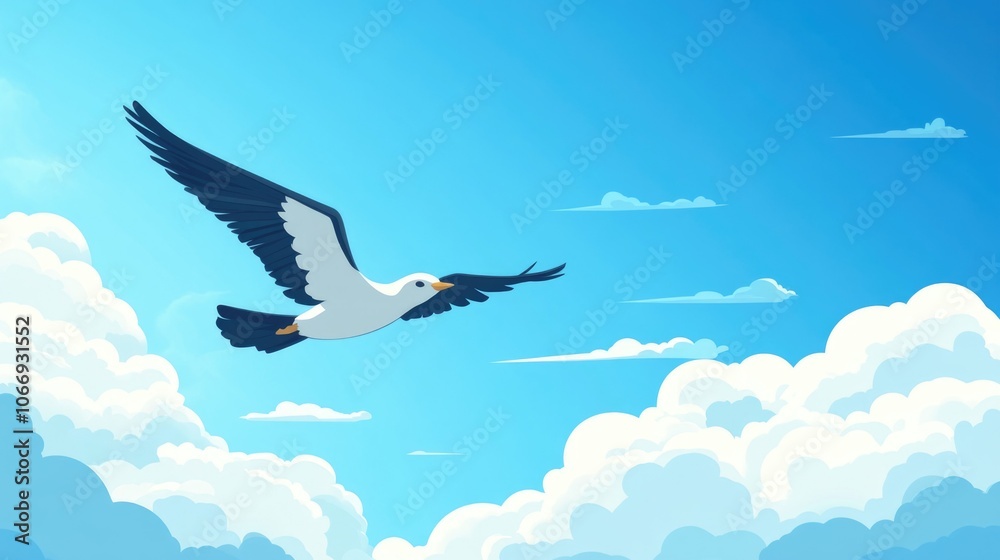 Obraz premium Seagull soaring in clear blue sky above fluffy clouds, serene scene on blue monday, capturing calm and freedom