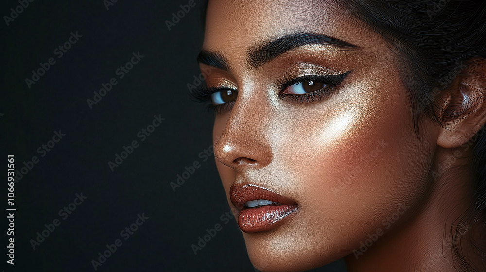 Stunning close-up of an Indian woman with flawless makeup, featuring shimmering eyeshadow, precise eyeliner, and glowing skin, highlighting beauty and elegance. Stunning close-up of an Indian woman with flawless makeup, featuring shimmering eyeshadow, precise eyeliner, and glowing skin, highlighting beauty and elegance.