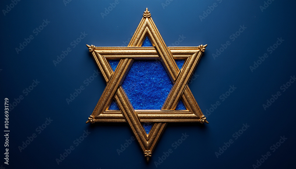 Hanukkah gelt on a navy background, viewed from above, shiny gold colors, blue space in the center