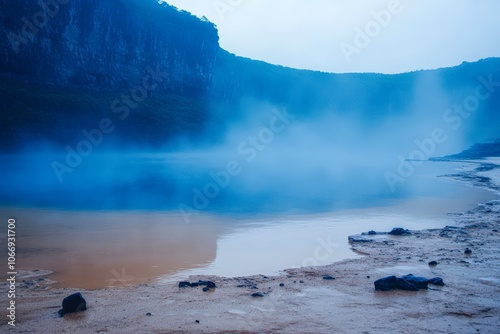 A serene landscape featuring a misty blue lake surrounded by rugged cliffs, Ideal for nature-related projects, relaxation themes, or travel promotions, This image conveys calmness and tranquility, photo