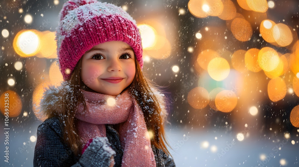 Cheerful young girl with brown hair in a pink winter hat and scarf, smiling in the snow. Cheerful young girl with brown hair in a pink winter hat and scarf, smiling in the snow.