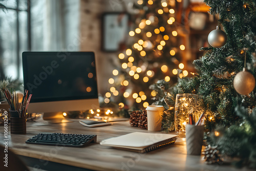 Office decorated with christmas lights and ornaments, Christmas decor concept.