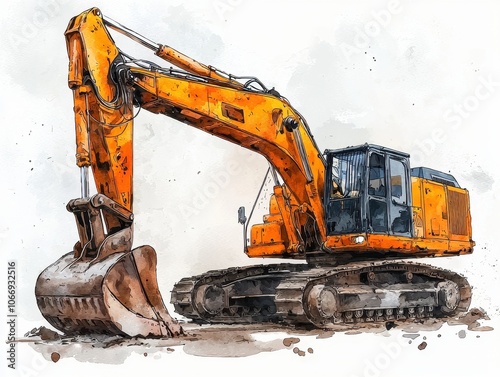 Detailed watercolor illustration of an orange excavator at a construction site, showcasing industrial machinery and rugged design against a white background.