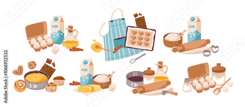 Baking supplies, eggs, flour, and a baking tray, homemade preparation. Gourmet and culinary illustrations set. Homemade cooking, pastry preparation. Flat vector illustration.