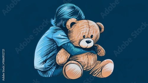 Concept of depression and anxiety on children. A Child Hugging a Teddy Bear Tightly Against a Dark Blue Background, Symbolizing Vulnerability and Seeking Comfort in Times of Emotional Need