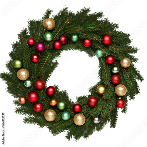 A vibrant Christmas wreath adorned with colorful ornaments, ready to welcome the holiday season. PNG transparent