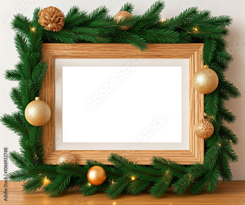 A wooden photo frame adorned with a festive Christmas garland of pine branches, golden ornaments. PNG transparent 