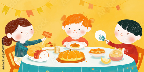 Happy children eating together in cute table, yellow and blue background