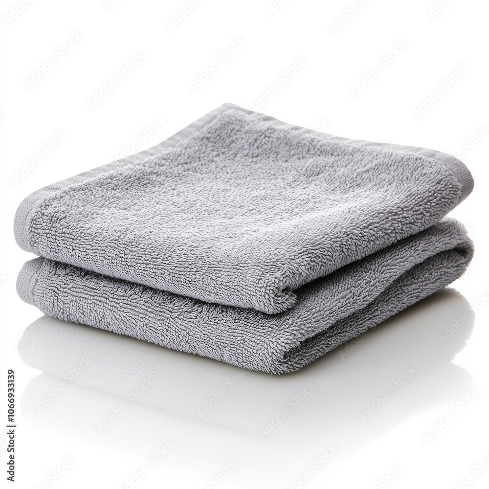 Folded gray towels on a reflective surface, ideal for bathroom or spa settings. Folded gray towels on a reflective surface, ideal for bathroom or spa settings.