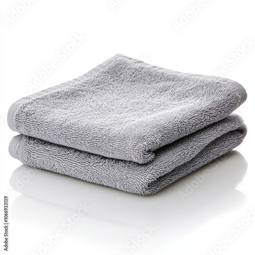 Folded gray towels on a reflective surface, ideal for bathroom or spa settings.