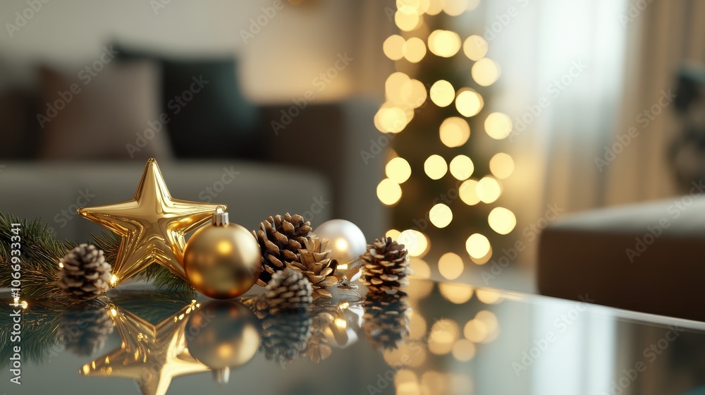 Fototapeta premium 3D Christmas decoration set on a glass table, featuring shiny baubles, a golden star, twinkling lights, and pine cones, surrounded by a soft, warm light