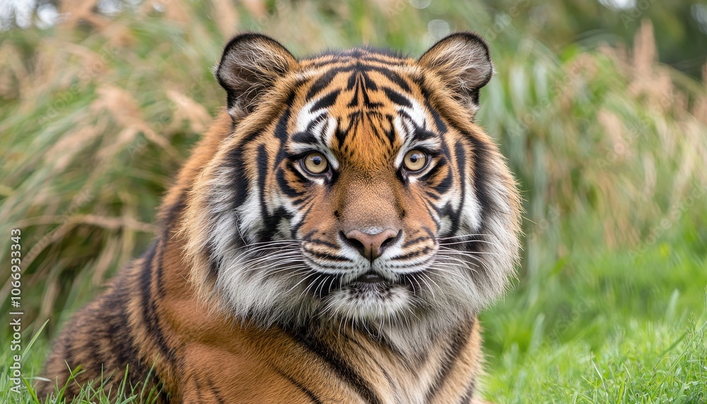 Majestic close-up portrait of a tiger resting in lush greenery during daylight Majestic close-up portrait of a tiger resting in lush greenery during daylight