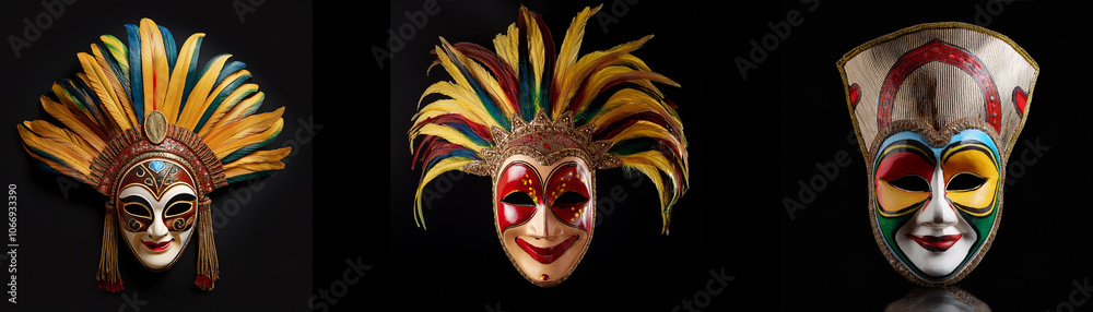 Three brightly colored masks with feathers and intricate designs are isolated against a black background. Three brightly colored masks with feathers and intricate designs are isolated against a black background.