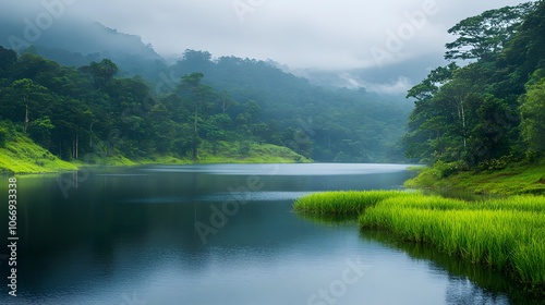 Fototapeta Naklejka Na Ścianę i Meble -  Serene landscape of a lush green lake surrounded by misty mountains.