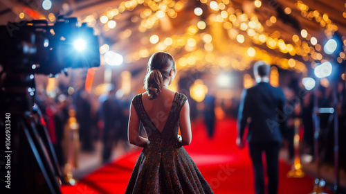 Woman in elegant dress on red carpet at glamorous event