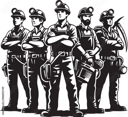 Team of Coal Miners Working Together in Unity. A striking black and white illustration of a team of coal miners.