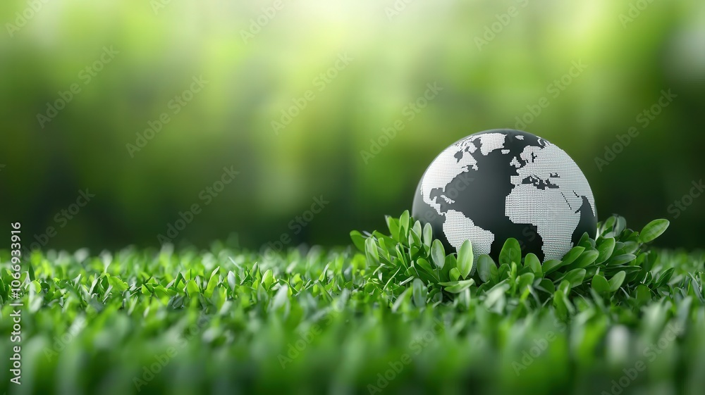 Globe resting on fresh green grass, symbolizing environmental awareness and sustainability. Globe resting on fresh green grass, symbolizing environmental awareness and sustainability.