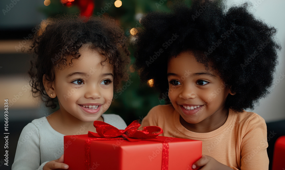 Smiling children holding a red gift box during Christmas. Smiling children holding a red gift box during Christmas.