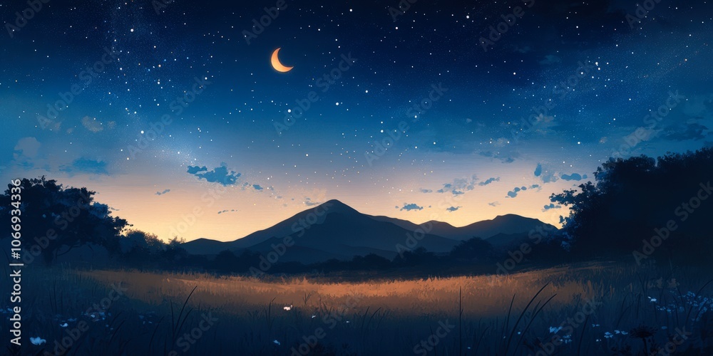A serene twilight landscape featuring mountains under a starry sky with a crescent moon, Ideal for backgrounds in nature themes, calendars, or relaxation and meditation content,