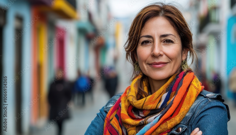 Confident middle-aged Hispanic woman smiling in colorful urban street setting Confident middle-aged Hispanic woman smiling in colorful urban street setting