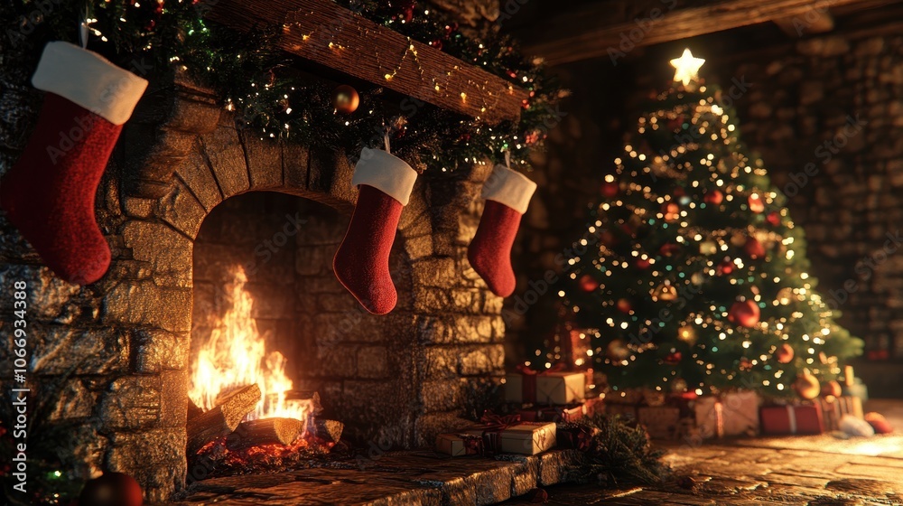 3D render of a magical Christmas fireplace scene, with stockings hanging, a beautifully decorated tree with shimmering baubles, and a warm glowing fire