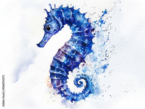 Expressive watercolor illustration of a seahorse in rich blue tones, with splashes of paint creating a dynamic and artistic look. photo