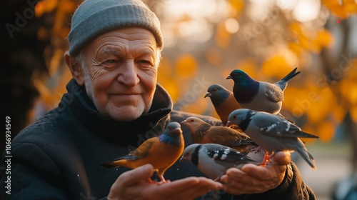An elderly man feeds birds in a serene park during autumn with colorful leaves and warm sunlight