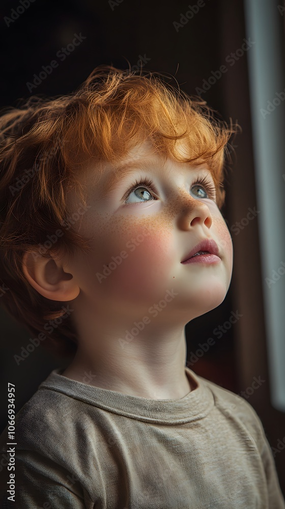 Portrait of a young boy with curly red hair gazing upwards thoughtfully. Portrait of a young boy with curly red hair gazing upwards thoughtfully.